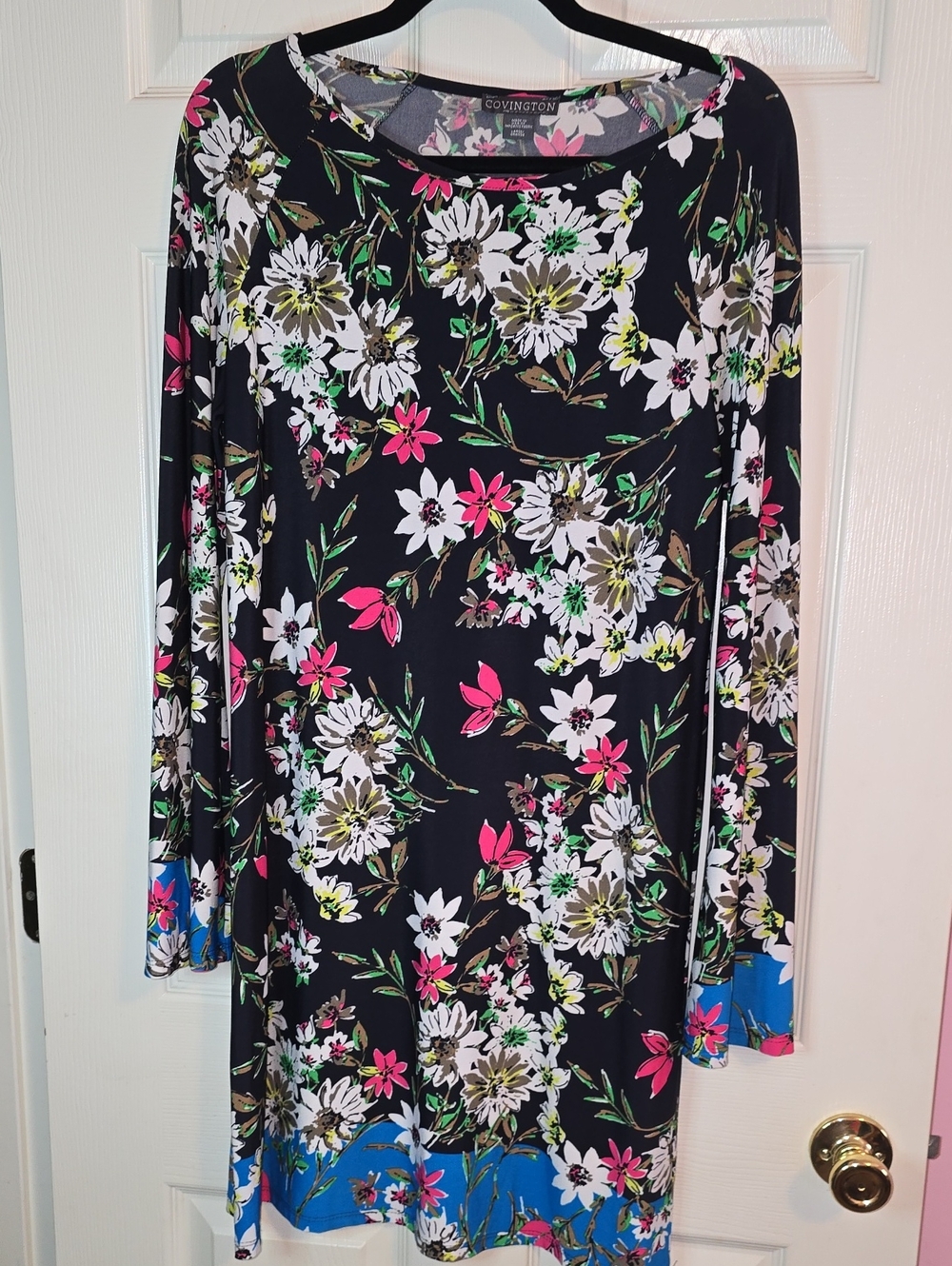 Covington Black Floral Long-Sleeve Dress with Pink, White & Blue Accents